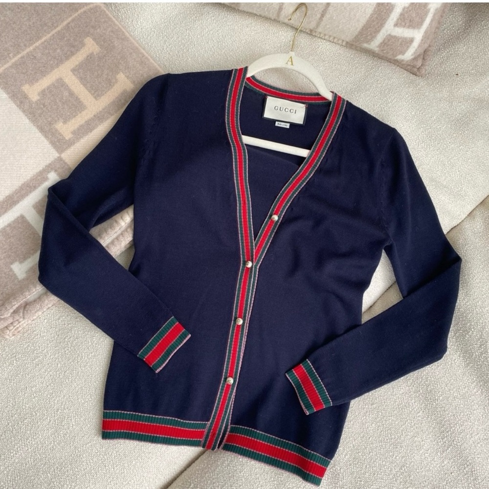 Gucci Navy Cardigan with Red and Green Trim
